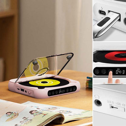 Pink player on a desk beside an open picture book, with inset close-ups of the USB port, touch buttons and power switch. 13
