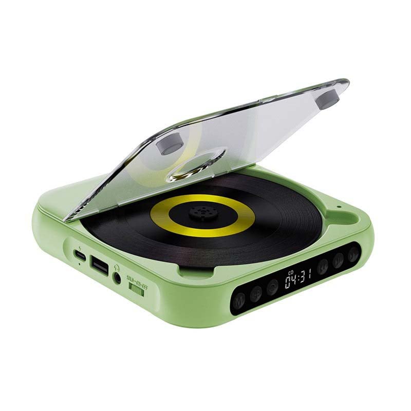 Green player with lid raised on a white background, showing a yellow disc ring, USB port and headphone socket. 15