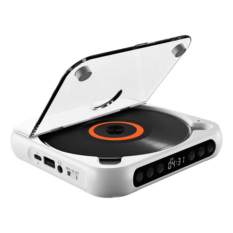White player with lid raised on a white background, showing an orange disc ring, ports and touch-button strip. 16