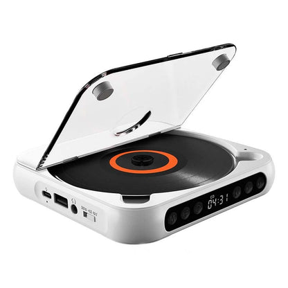 White player with lid raised on a white background, showing an orange disc ring, ports and touch-button strip. 16