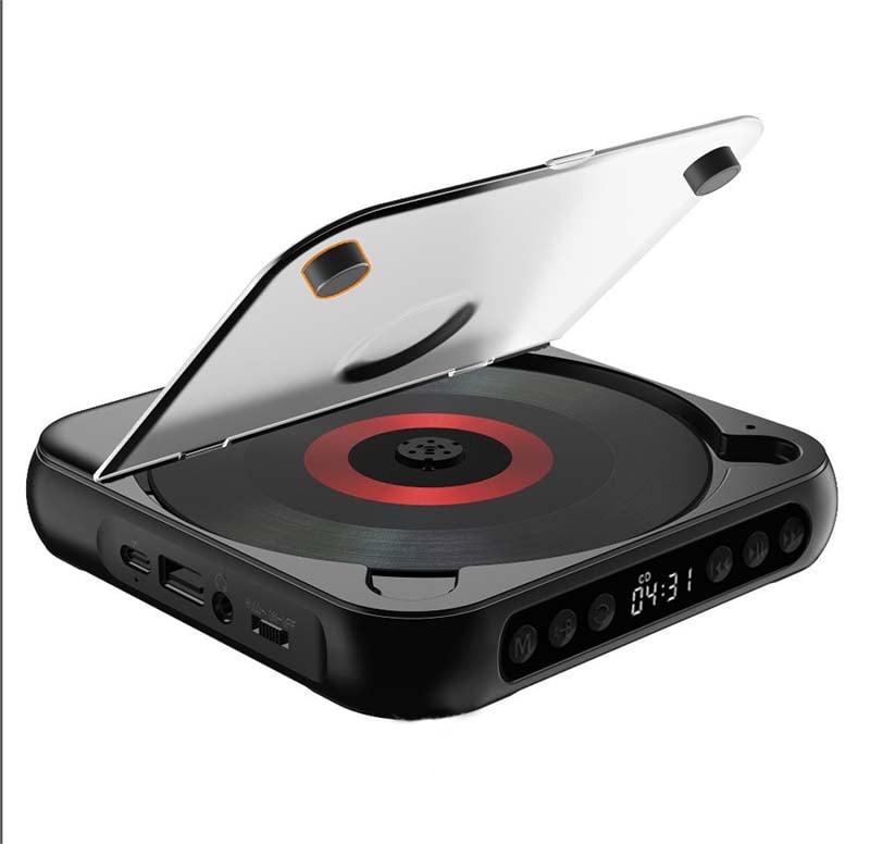 Black player with lid raised on a white background, showing a red disc ring, side ports and clock display. 17