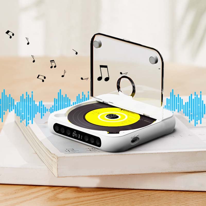 White player with clear lid raised and yellow disc inside, with musical notes and blue sound waves around it. 19
