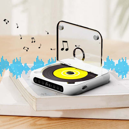White player with clear lid raised and yellow disc inside, with musical notes and blue sound waves around it. 19