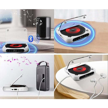 Four-panel collage showing the white player connecting to a Bluetooth speaker, a wired speaker and earphones, with a red disc. 2