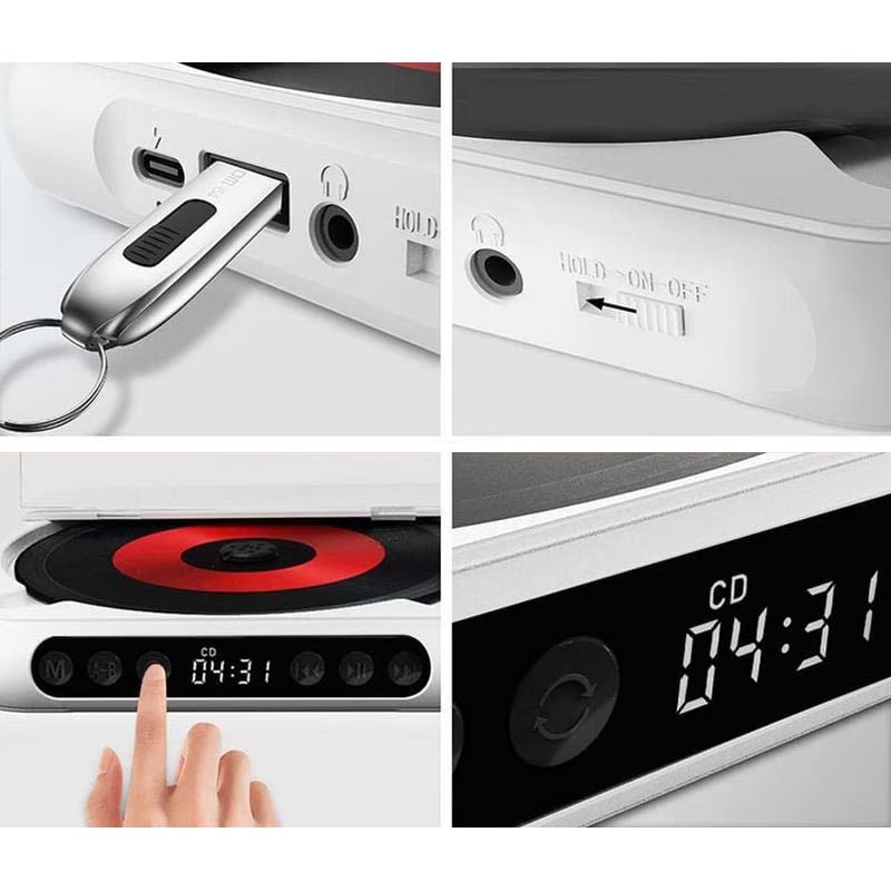 Four close-ups of the player's USB stick slot, headphone socket, power switch, touch buttons and digital clock display. 3