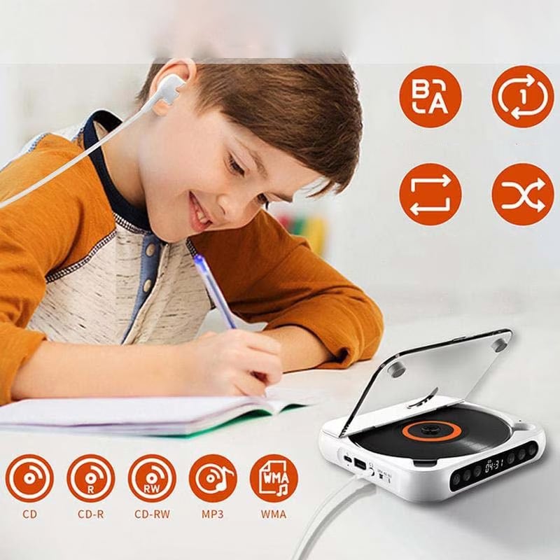 Smiling boy with earphones writing in a notebook beside the white player, with playback mode and disc format icons around him. 4
