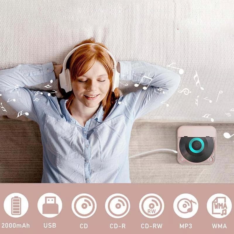 Woman with headphones relaxing on a sofa beside a pink player, with icons for battery, USB and supported disc formats. 5