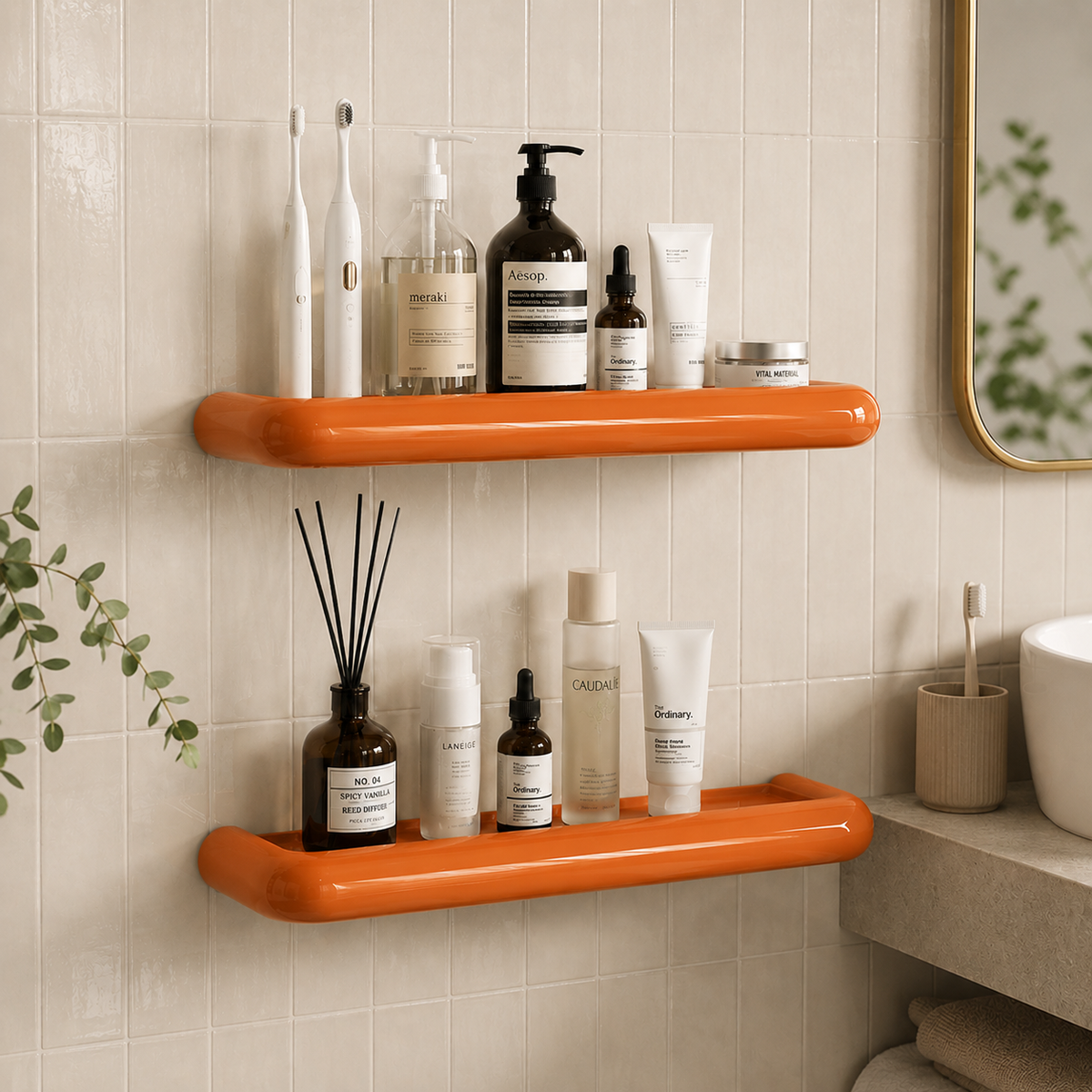 Two orange glossy shelves on cream tiles holding toothbrushes, pump bottles, serums and a reed diffuser 1