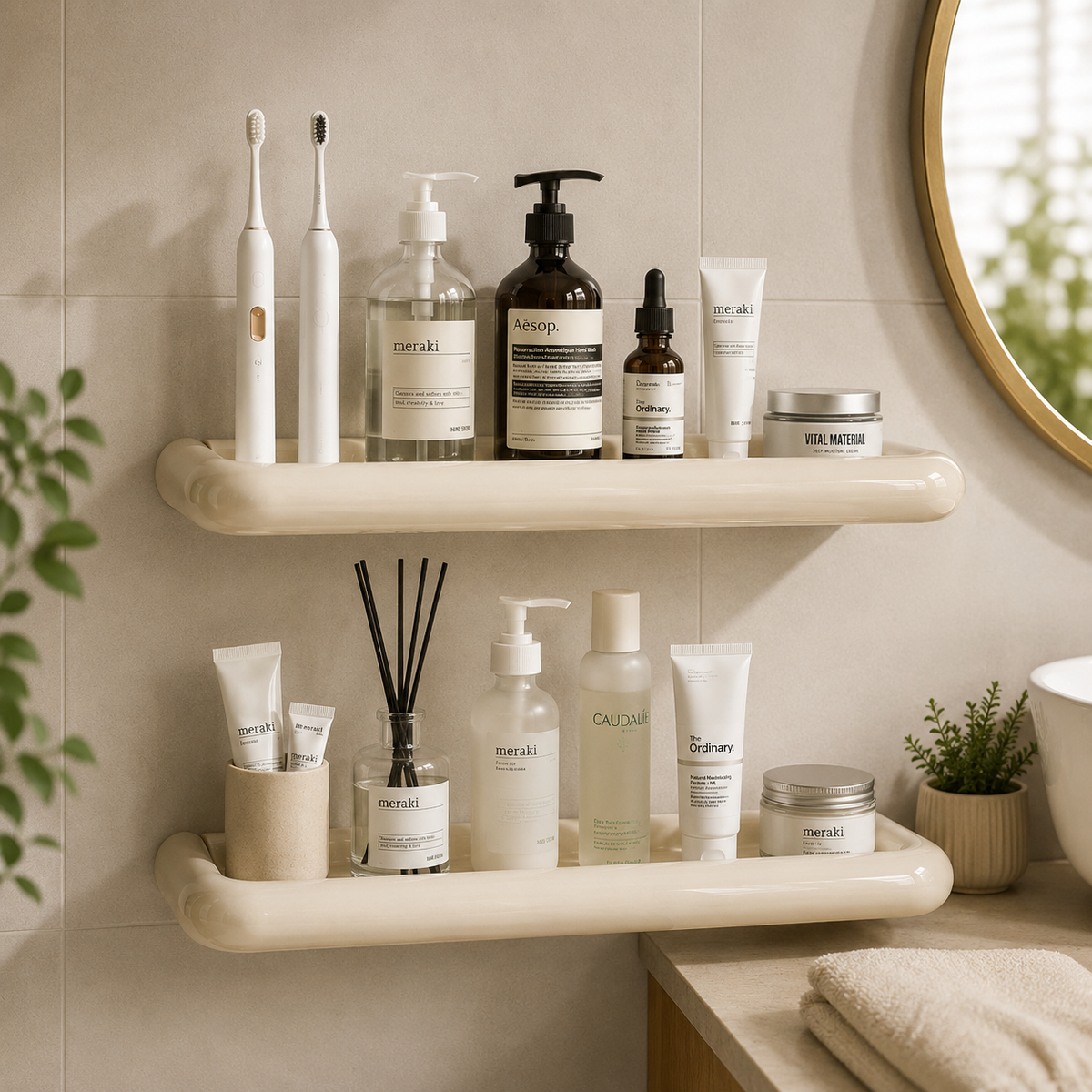 Two cream rounded shelves on grey tiles stacked with toothbrushes, skincare tubes, jars and a diffuser 2