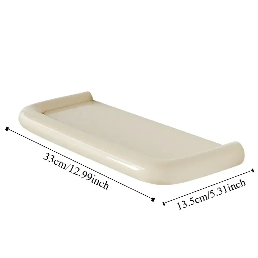 Single cream shelf with rounded raised edges, shown with length and depth measurement lines 8