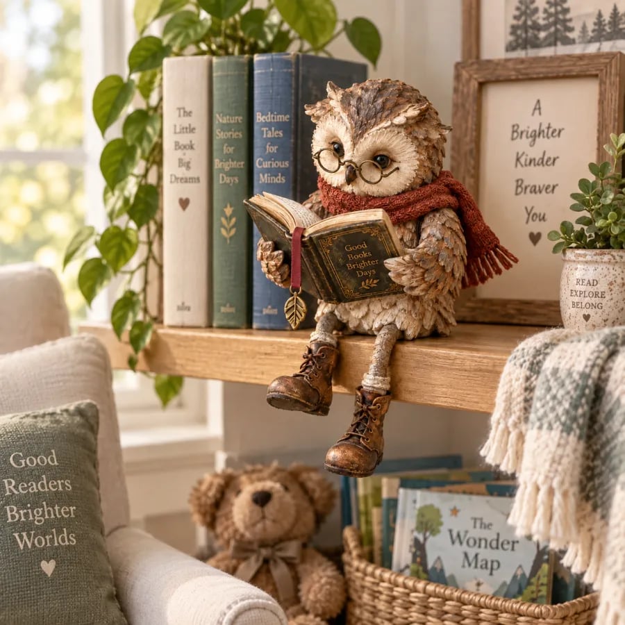 Owl figurine on a pale wooden shelf in front of a row of books, with a teddy bear and basket of storybooks below. 9