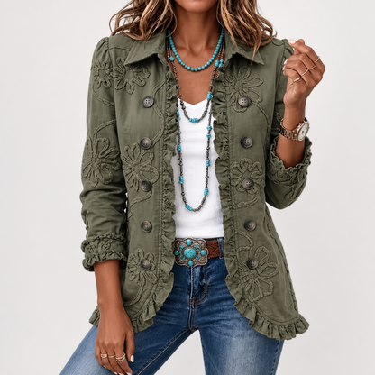Floral Embroidered Utility Jacket - Vintage Boho Style with Ruffle Trim 4