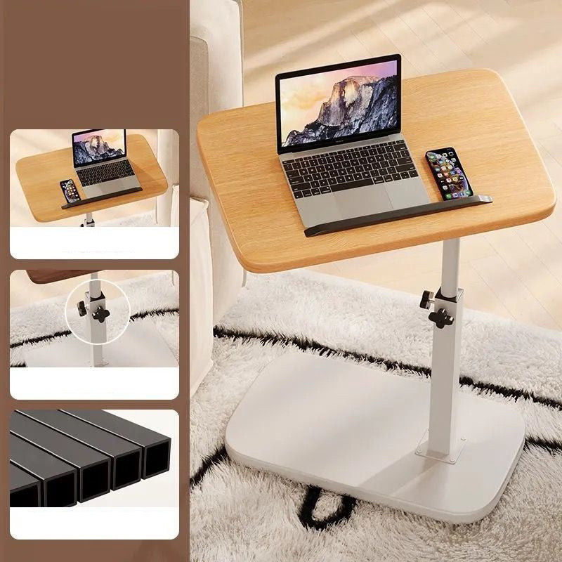 Light oak-effect desk with white frame and base on a shaggy rug, with insets of the adjustment knob and tubing. 4