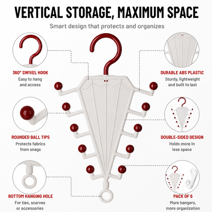 White hanger with red ball tips and hook, surrounded by close-up detail circles of its features 7