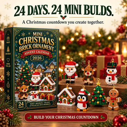 Calendar box next to seven finished brick ornaments on a wooden step, including Santa, reindeer, snowman, penguin and gingerbread man. 8
