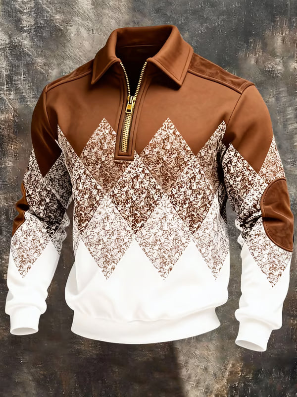 Front view of the brown and white version with gold zip and matching elbow patches 2