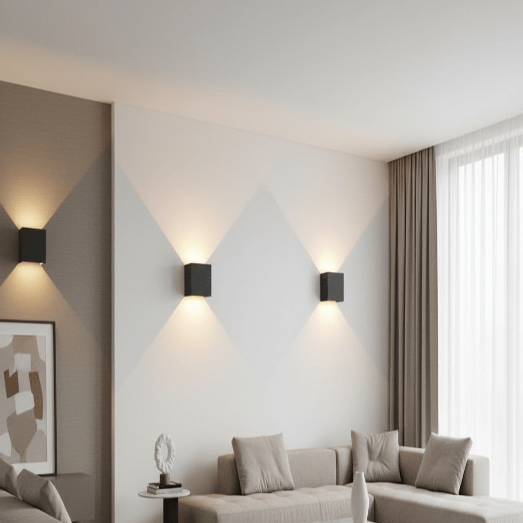 Three black cube wall lights casting up and down beams in diamond patterns across a pale living room wall beside a sofa. 1