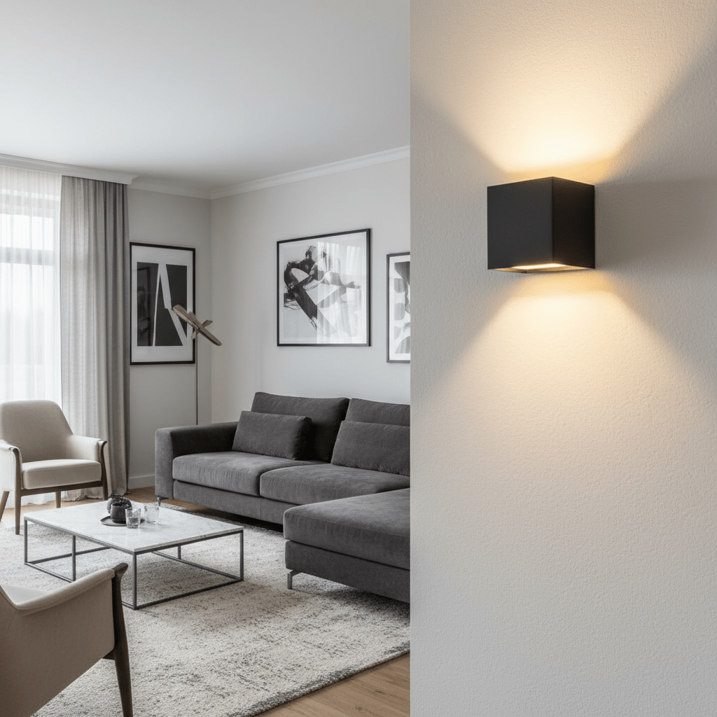 Single black cube wall light glowing warmly up and down on a textured wall, with a grey sofa and armchairs behind. 2
