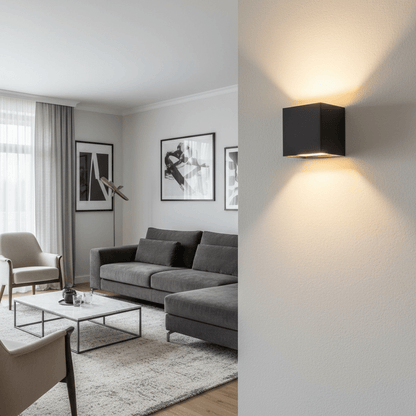 Single black cube wall light glowing warmly up and down on a textured wall, with a grey sofa and armchairs behind. 2