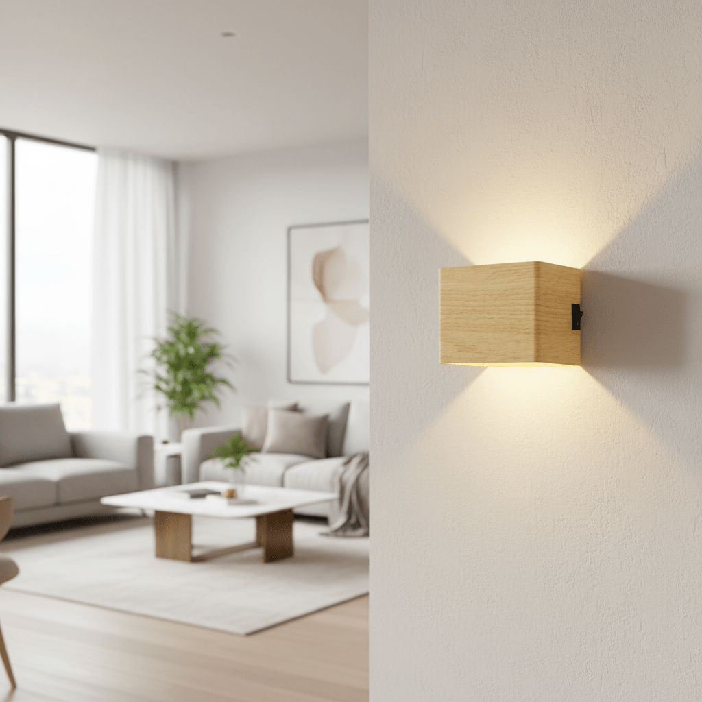 Light wood-effect cube wall light with a small black switch on its side, glowing in a bright living room. 4