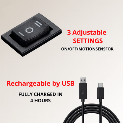 Close-up of the black three-position rocker switch above a black USB charging cable, with text about settings and charging time. 6