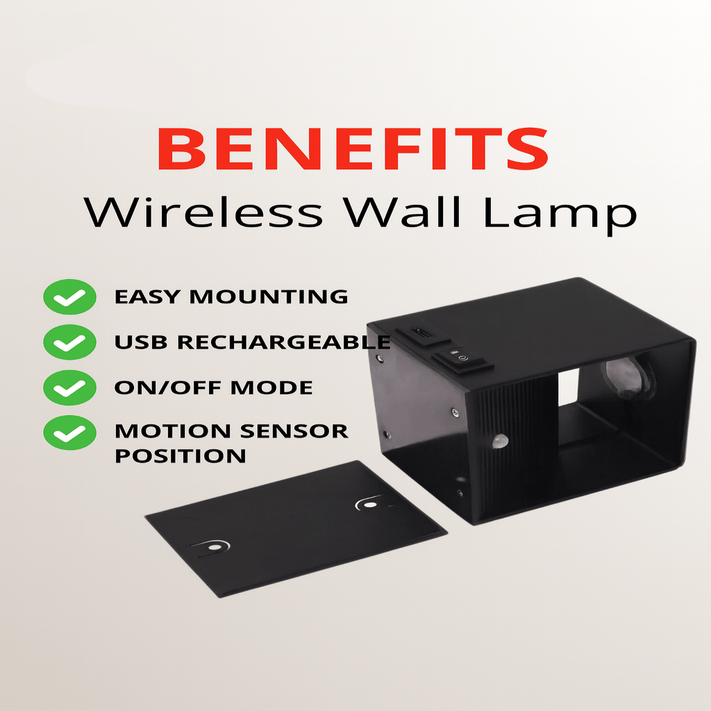 Black wall lamp beside its flat mounting plate, with a checklist of benefits including easy mounting and USB charging. 7