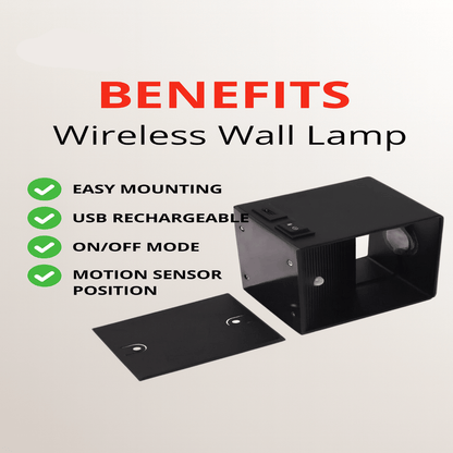 Black wall lamp beside its flat mounting plate, with a checklist of benefits including easy mounting and USB charging. 7
