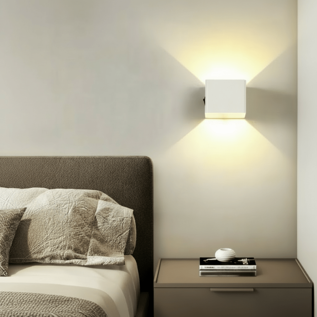 White cube wall light mounted above a bedside table beside a bed, spreading warm light up and down the wall. 3