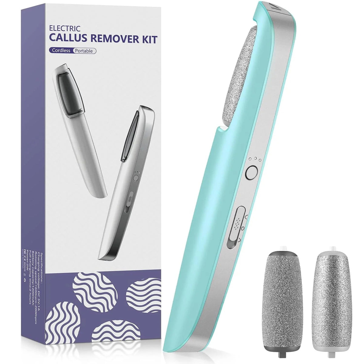 Mint green version of the callus remover standing beside its purple and white box, with two grey spare roller heads. 7
