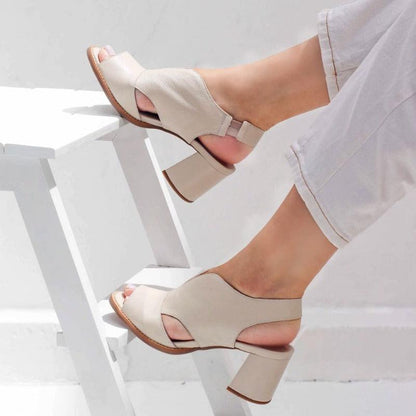 Women’s leather sandals with heel & comfort footbed – Selina