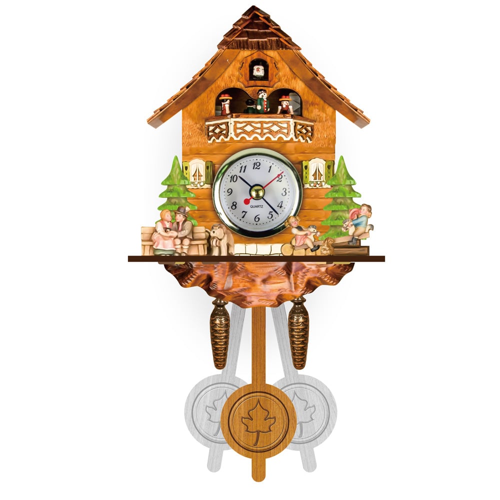 Honey-coloured chalet wall clock with a couple on a bench, a dog, children playing on a seesaw and a pendulum. 7
