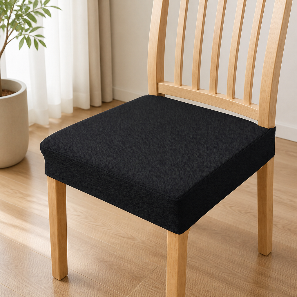 Plain black seat cover fitted on a light wooden slatted chair beside a potted plant and sheer curtains. 13