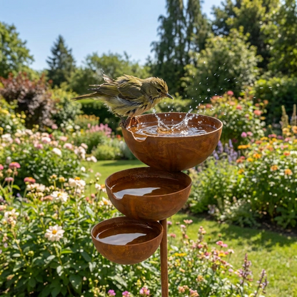 A small olive-green bird splashes in the top rusty bowl, with a flower garden behind 1
