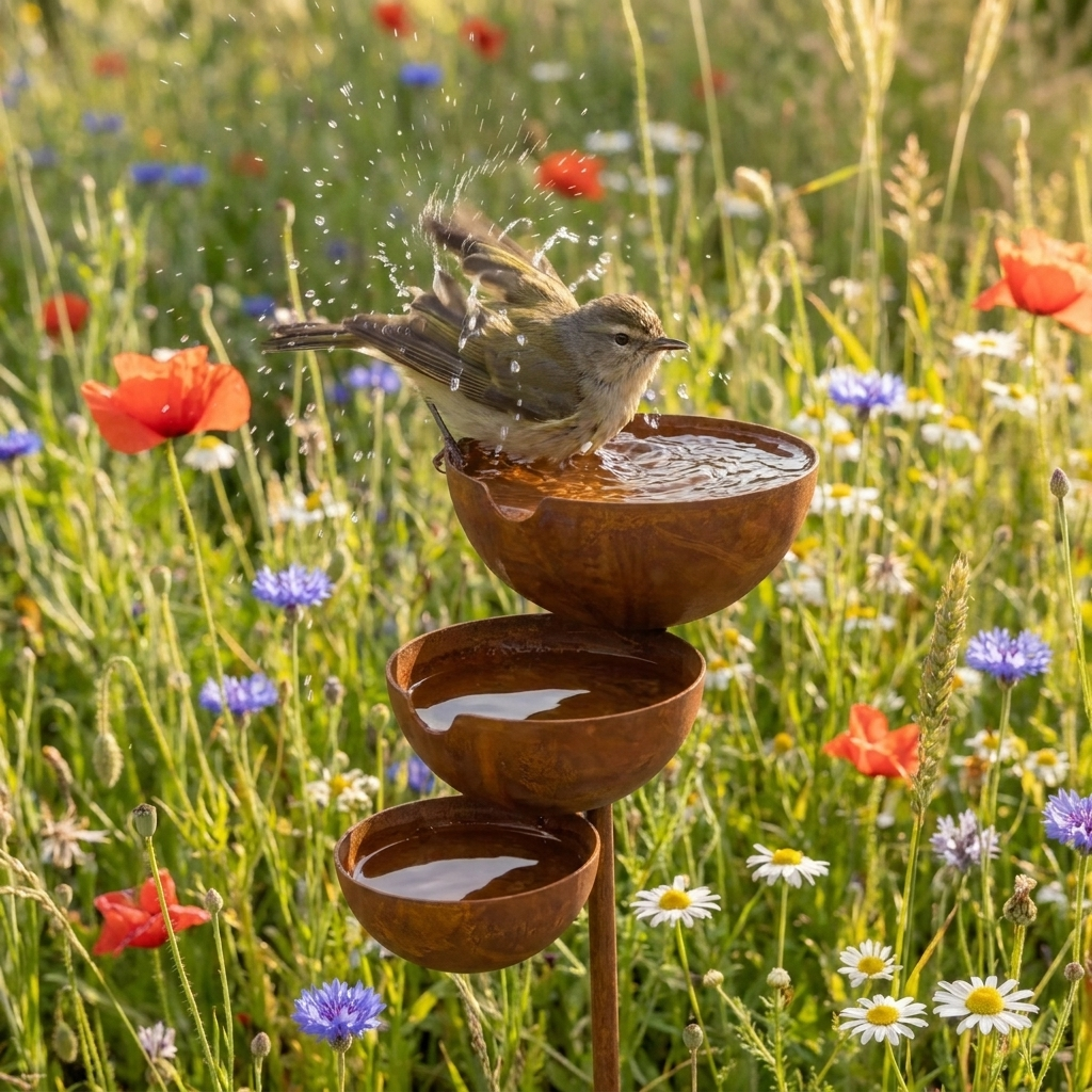 A bird shakes its wings in the top bowl, set among wildflowers and poppies 2