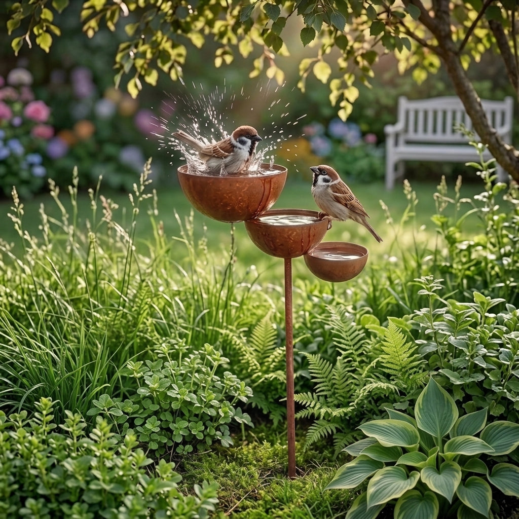 Two sparrows bathe and perch on the rusty bowls, with a white garden bench behind 3