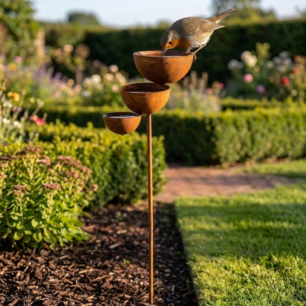 A robin leans down to drink from the top bowl beside a clipped hedge 4