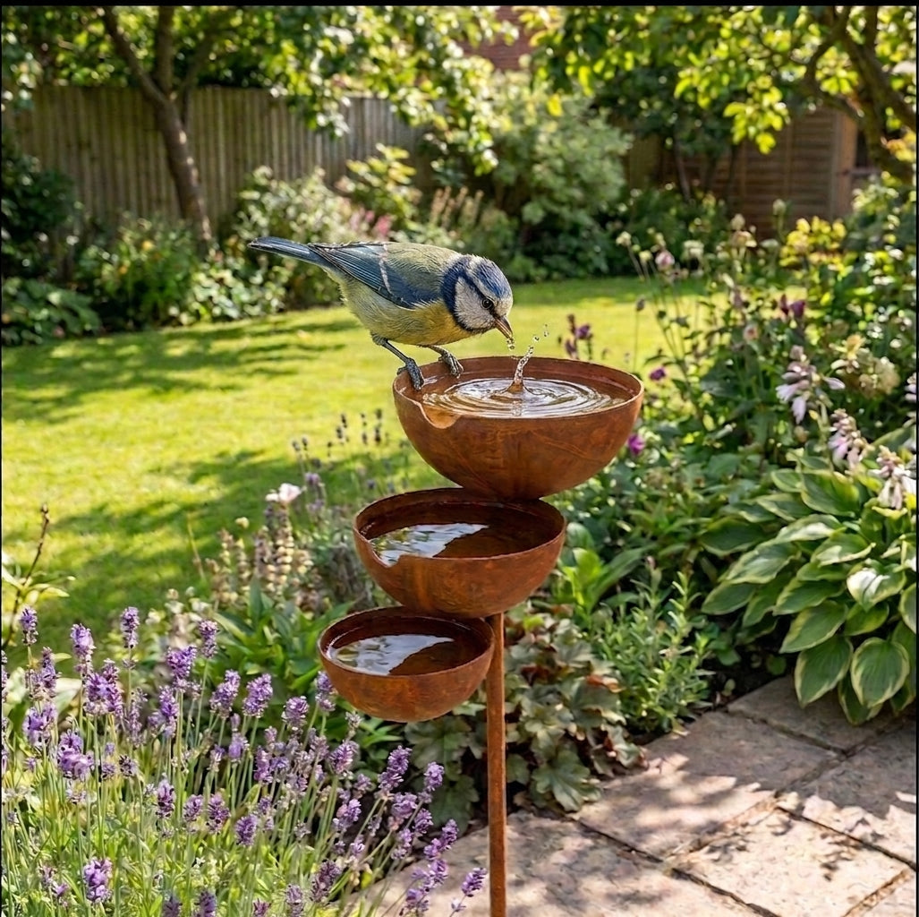 A blue tit sips from the top bowl, with lavender and paving beside the stake 5