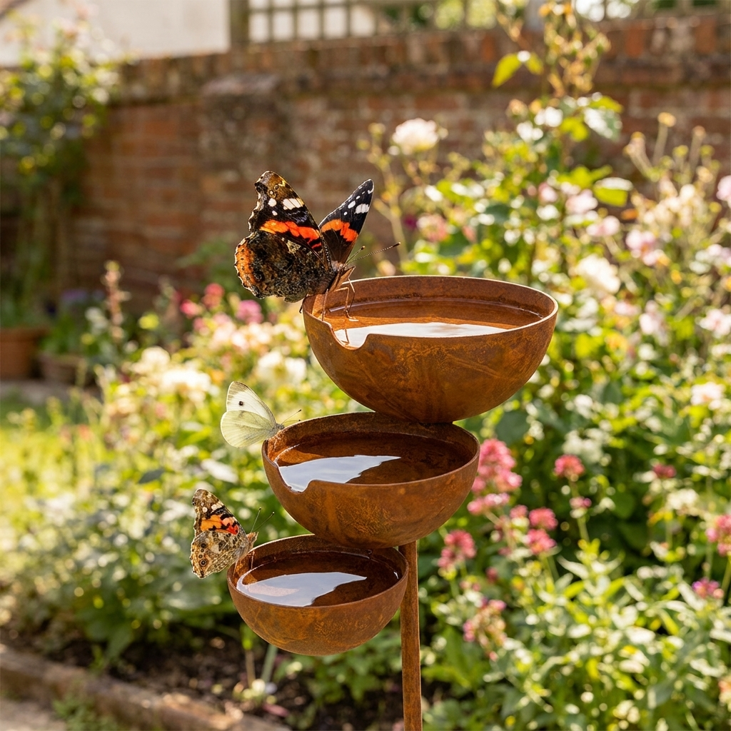 Butterflies rest on the rim and edges of the rusty bowls in front of a brick wall 6