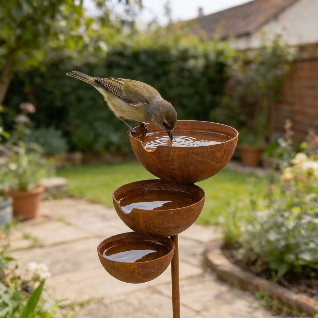A small bird dips its beak into the top bowl, creating ripples on a patio 7