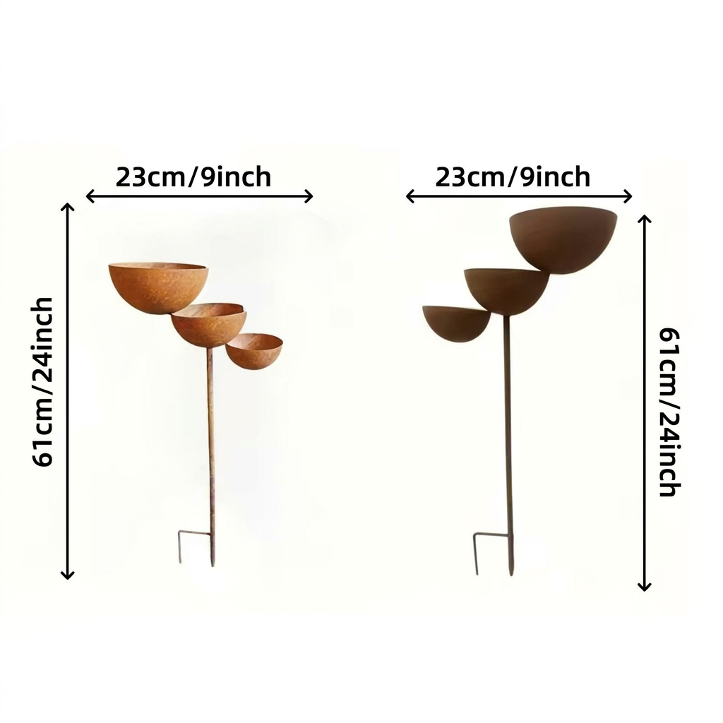 Two views of the rusty three-bowl stake on a plain white background, with size dimensions marked 8