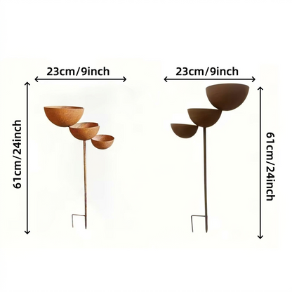Two views of the rusty three-bowl stake on a plain white background, with size dimensions marked 8