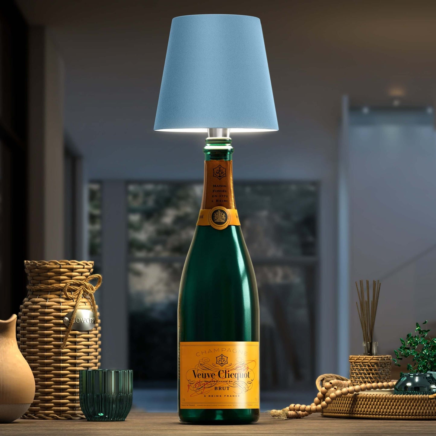 Blaue Tischlampe aus Champagnerflasche, modernes Design, Wohnzimmerdekoration.