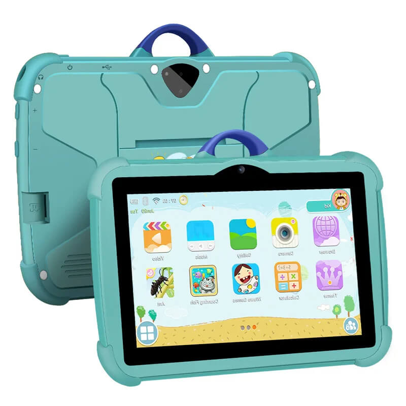 Teal-blue tablet seen from the back and front, with the blue carry handle and app screen 9
