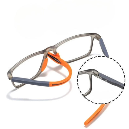 Grey and orange frames with a flexible orange arm bent back, and a circular close-up of the hinge and screw. 10