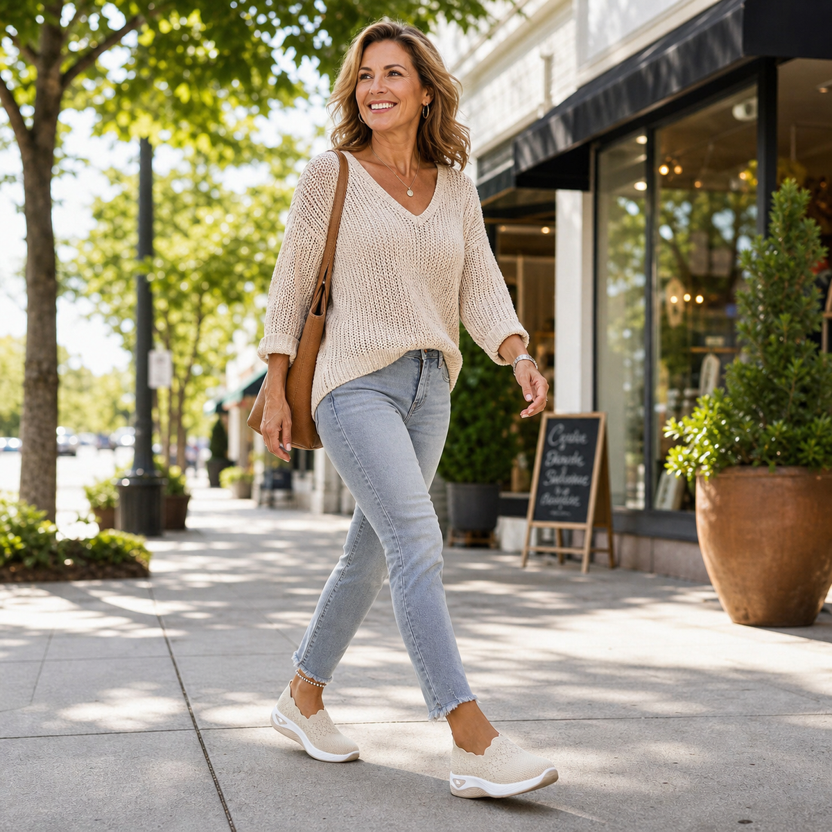 Woman in a cream knit jumper and grey jeans striding along a shopping street in beige slip-on shoes 7