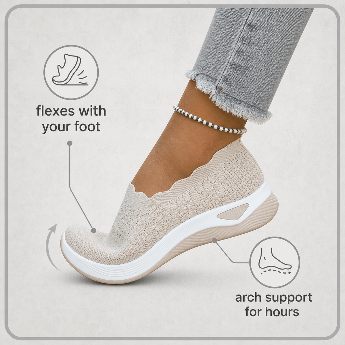 Beige slip-ons worn mid-step with the toe flexing, shown with graphic icons about flexibility and arch support 2