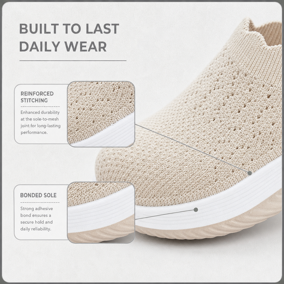 Close-up of beige knit upper and white sole, with inset details of the stitching and bonded sole 4