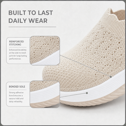 Close-up of beige knit upper and white sole, with inset details of the stitching and bonded sole 4