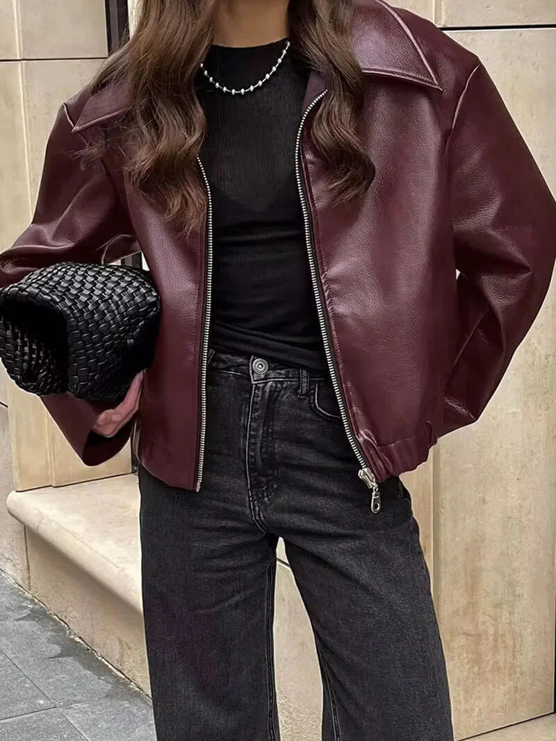 Bordeaux Red Leather Ladies Jacket with Zipper – Alessia