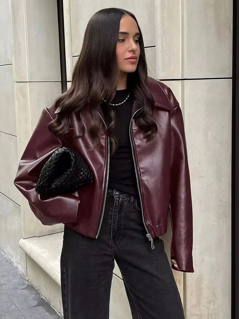 Bordeaux Red Leather Ladies Jacket with Zipper – Alessia